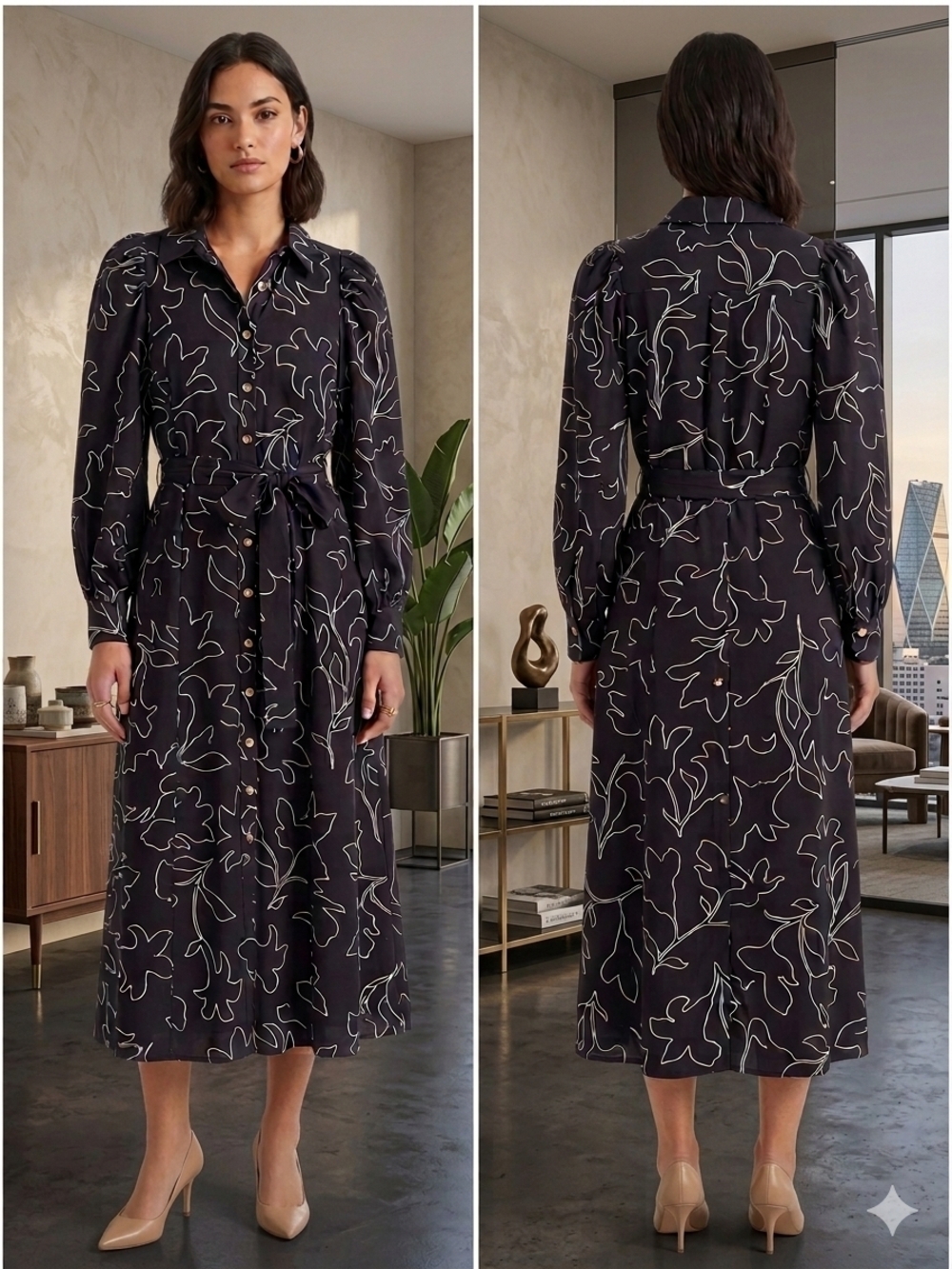 Ann Taylor Navy Floral-Outline Button-Front Shirt Dress